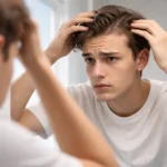 18-year-old male noticing receding hairline and thinning temples while looking in mirror, early signs of balding