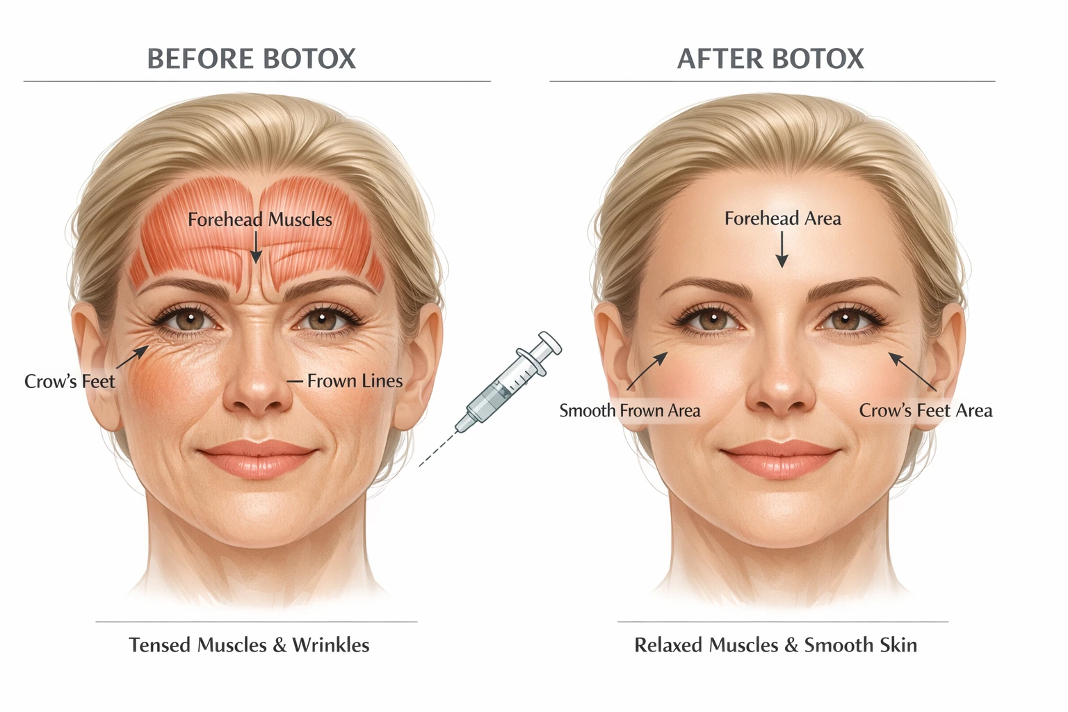 Illustration of facial muscles before and after Botox injection showing reduced wrinkles on forehead, crow’s feet and frown lines