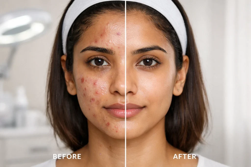 Split face showing oily acne-prone skin before and after treatment with reduced pimples and clear glowing skin on Indian skin tone