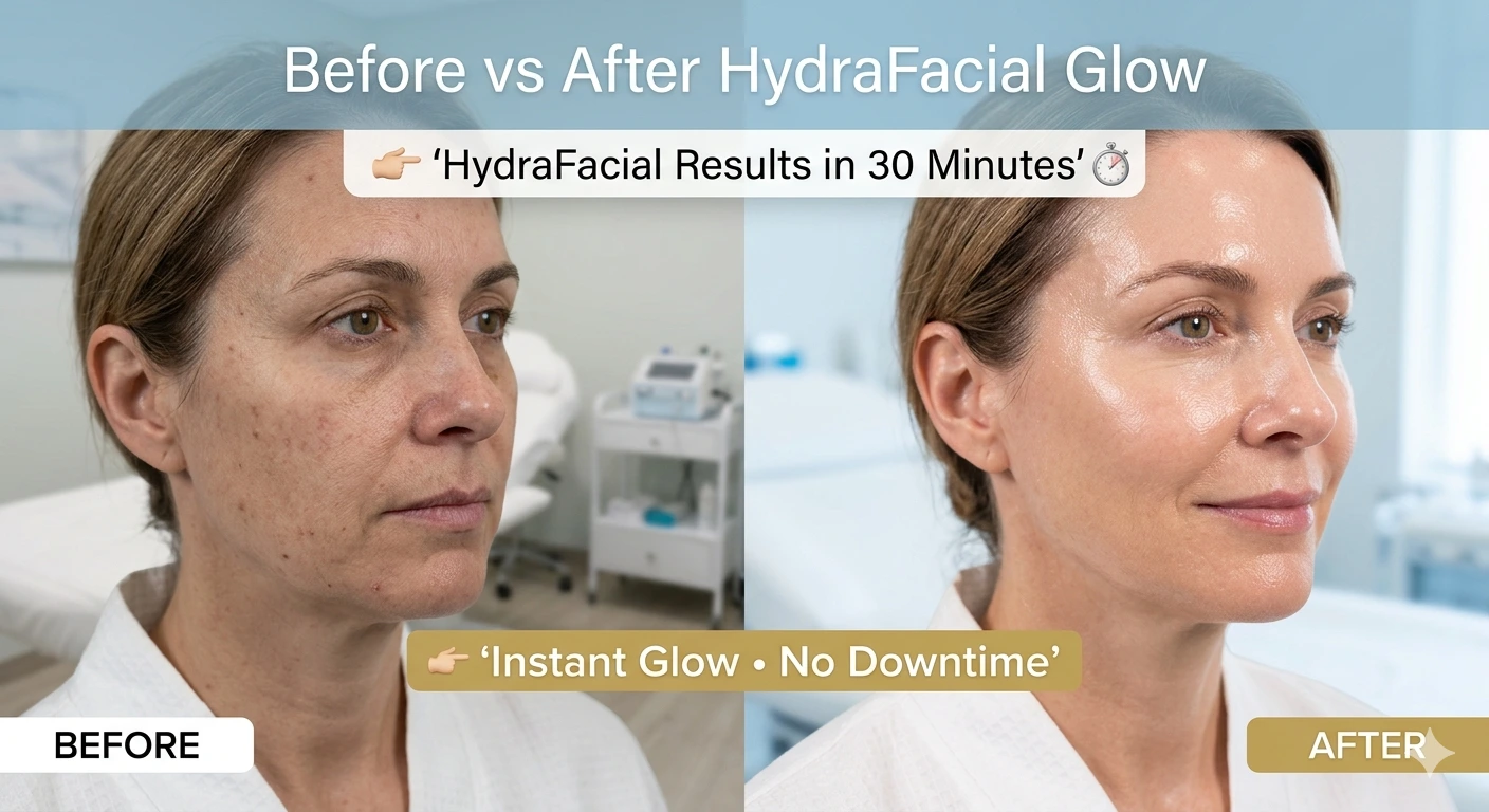 HydraFacial before and after results showing glowing hydrated skin with improved texture and reduced pores