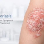 Psoriasis skin condition showing red scaly patches with treatment results comparison