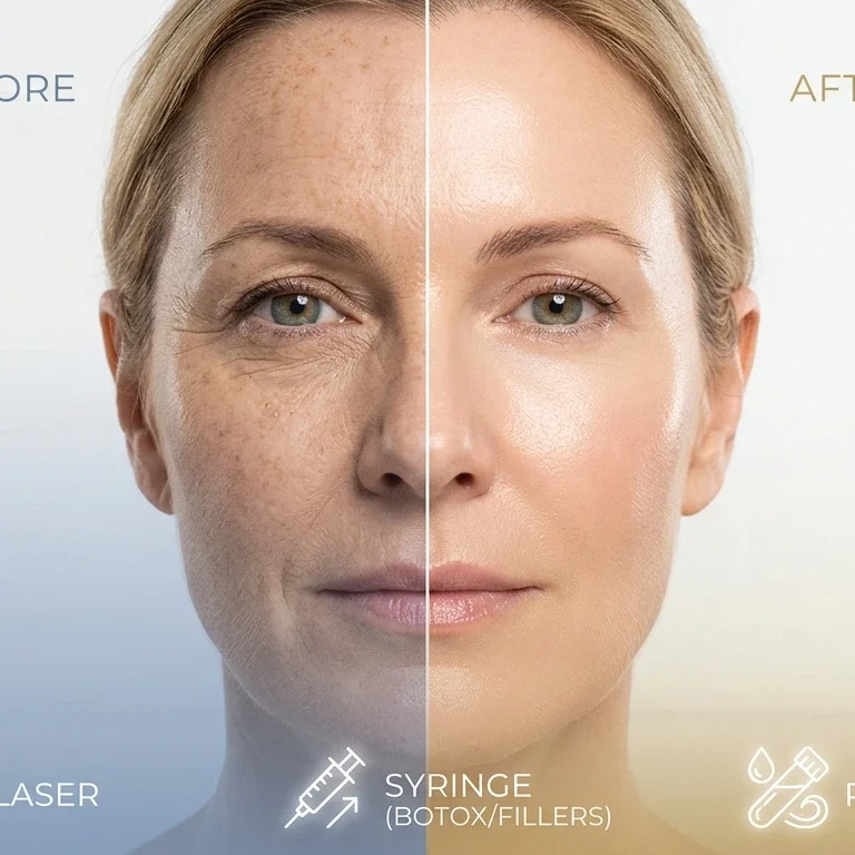 Before and after results of anti-wrinkle treatment showing improved skin texture and reduced wrinkles