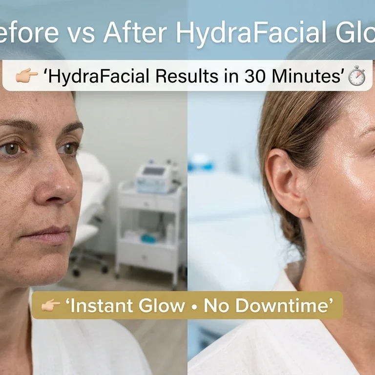 HydraFacial before and after results showing glowing hydrated skin with improved texture and reduced pores